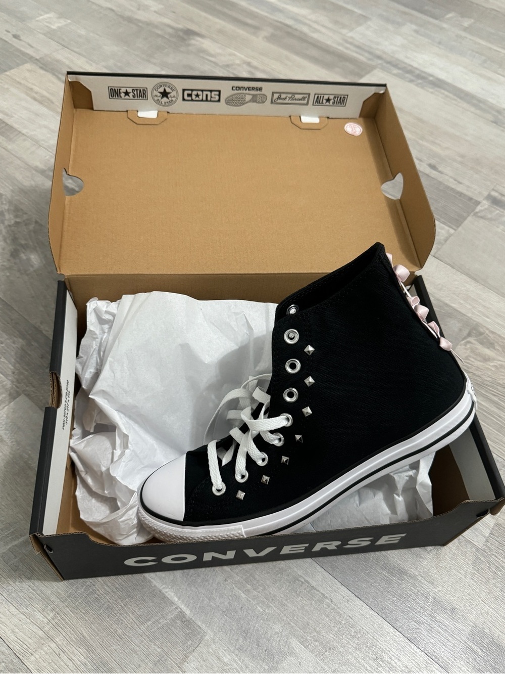 Converse Black Canvas High-Top Sneakers with Pink Ribbon Laces - Picture 3 of 6